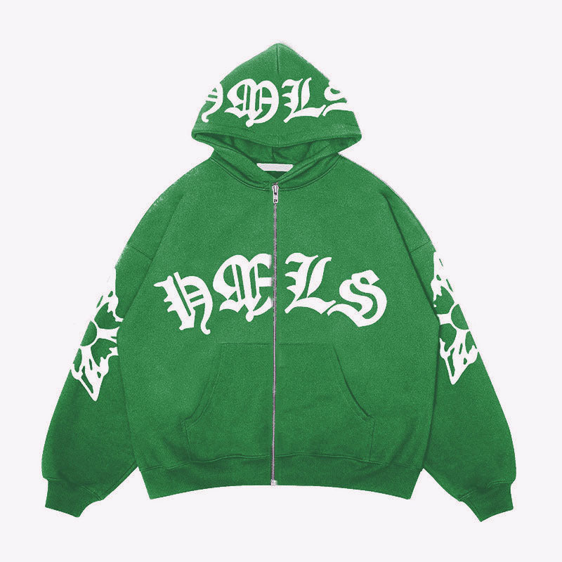 Sudadera con capucha y cremallera, letras góticas estampadas, sudadera oversize