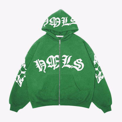 Sudadera con capucha y cremallera, letras góticas estampadas, sudadera oversize