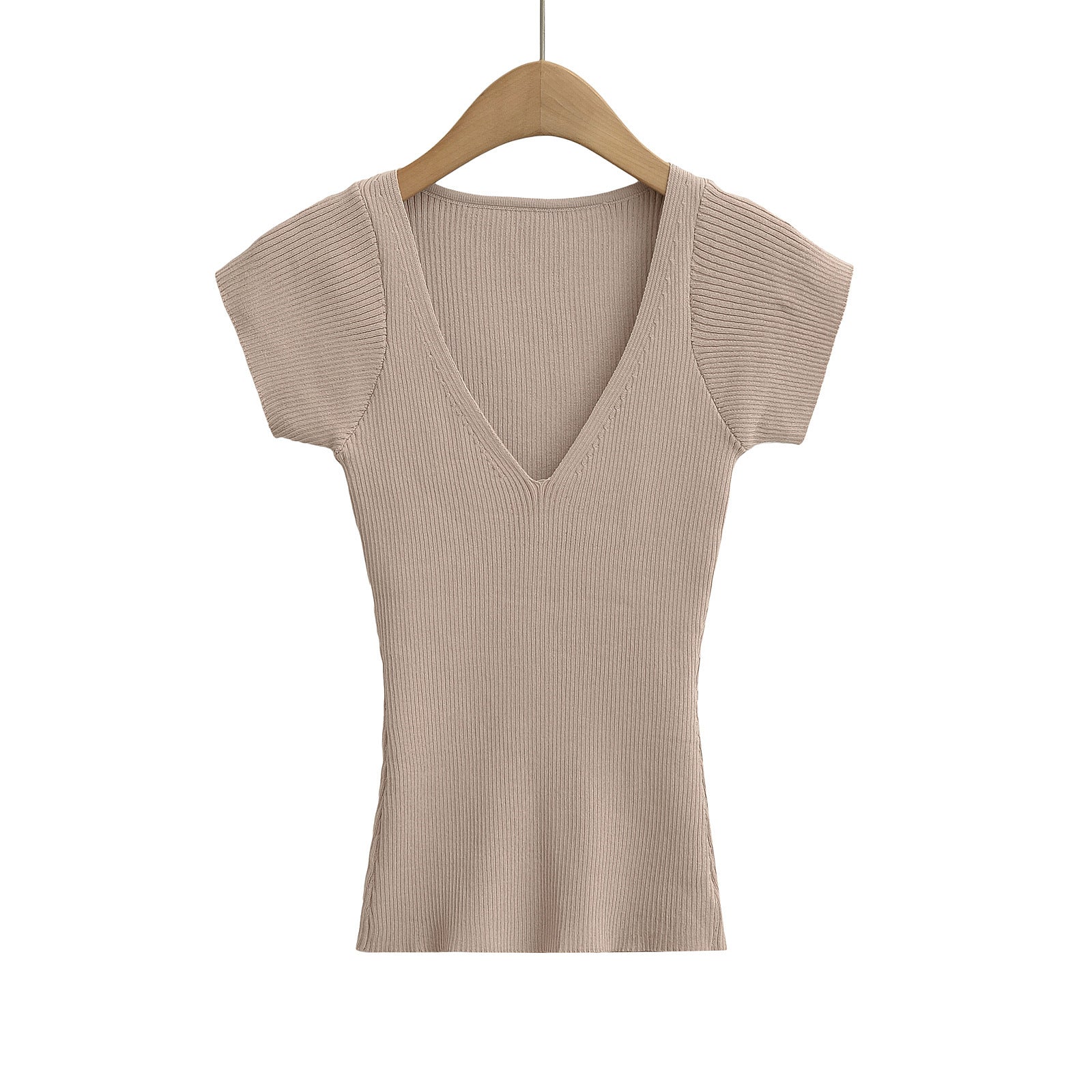 Deep V-Neck Short Sleeve Elastic Waist Slim Knit Top