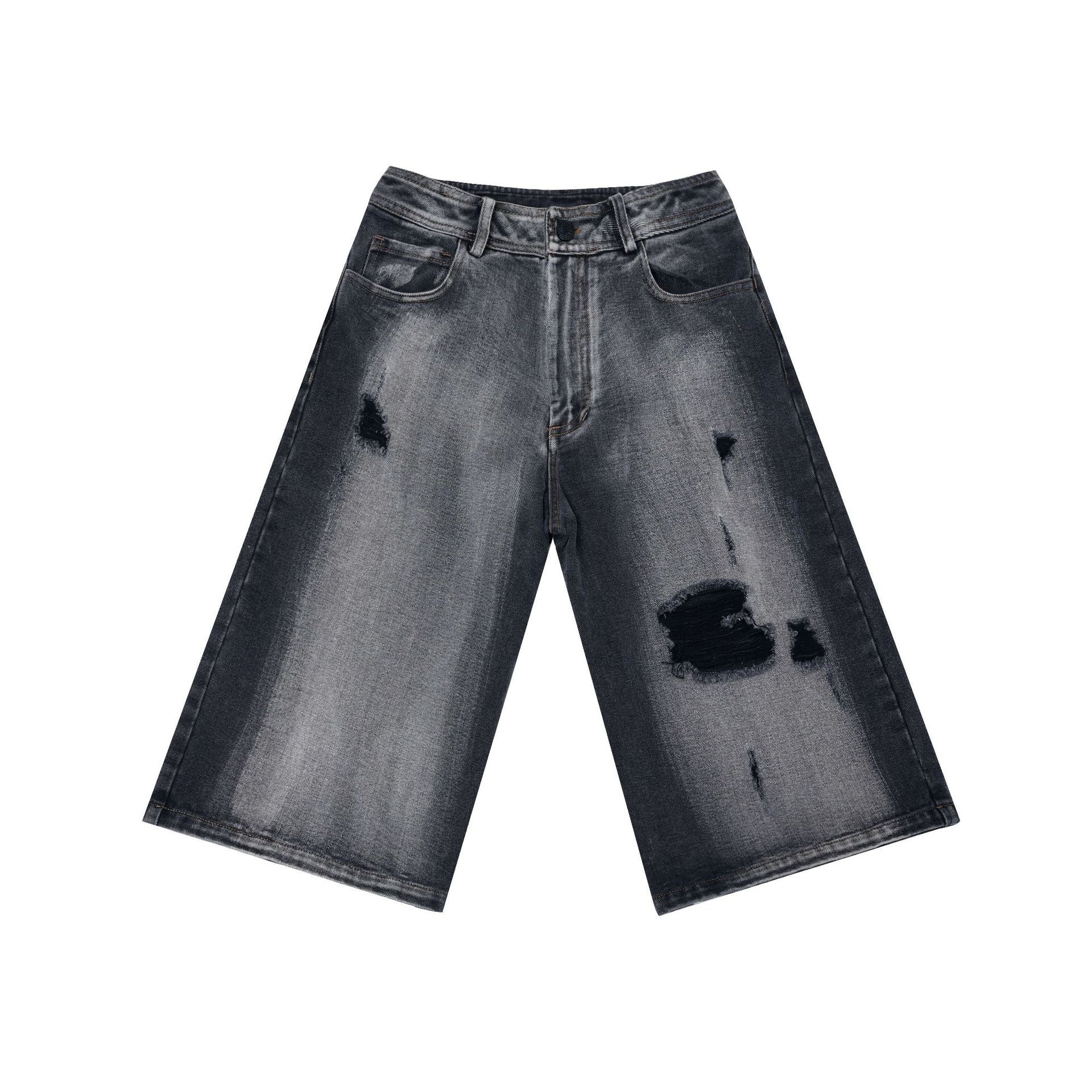 Retro ripped denim shorts for men