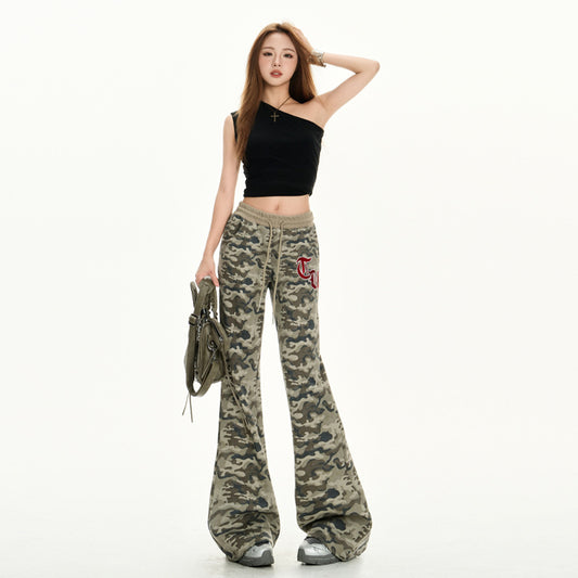 Women's Pants  Camouflage Flare Trousers Casual Low Waist Belted Flared Pants