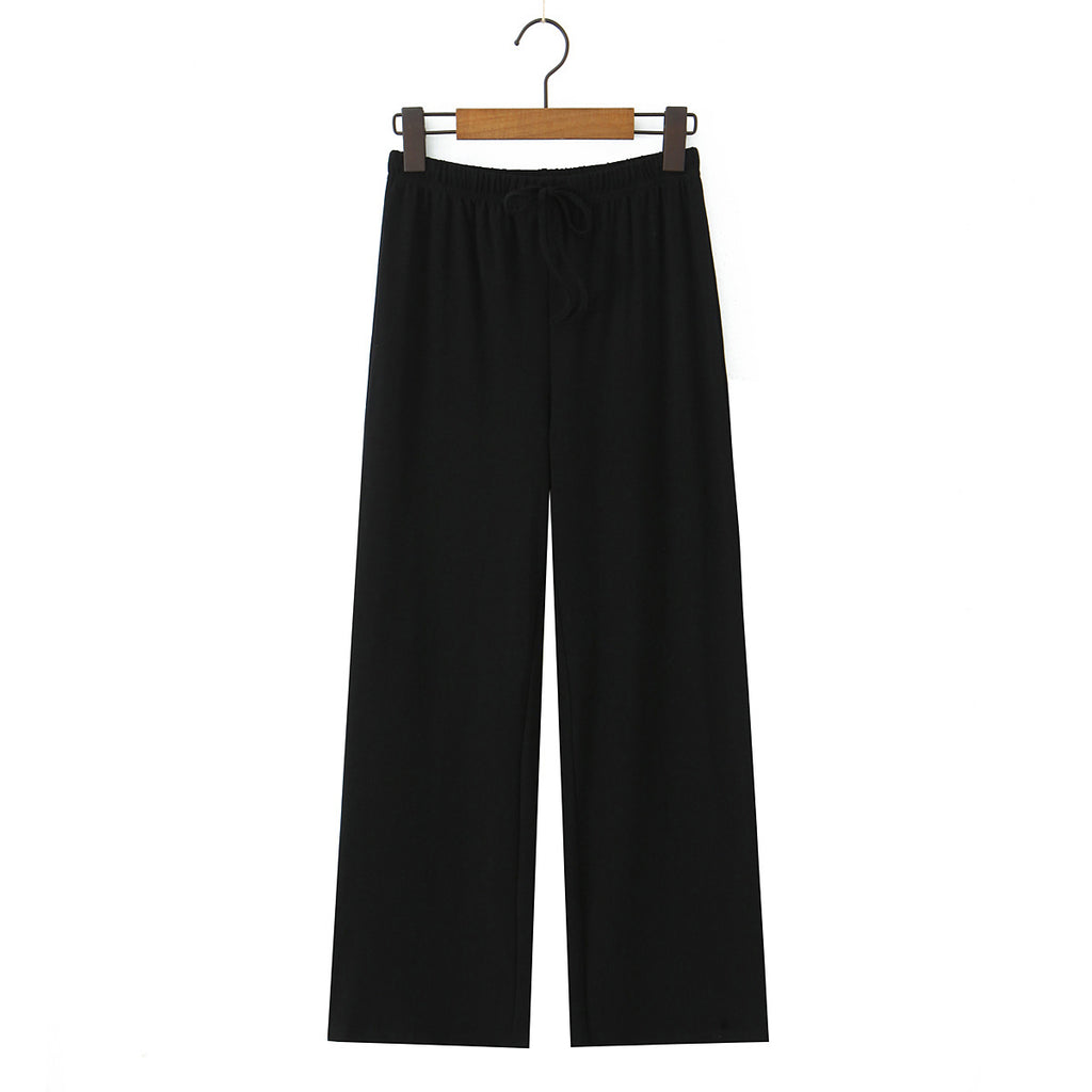 Striped straight tube elastic drawstring low waist knitted wide leg pants casual pants