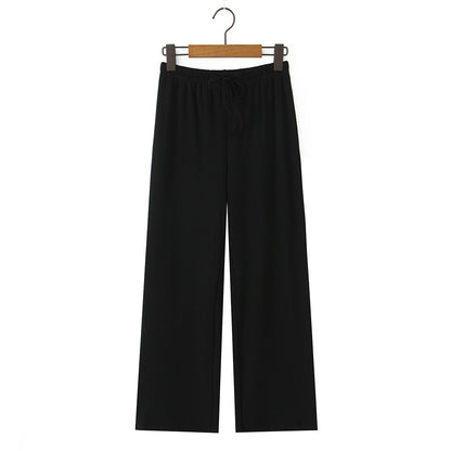 Striped straight tube elastic drawstring low waist knitted wide leg pants casual pants