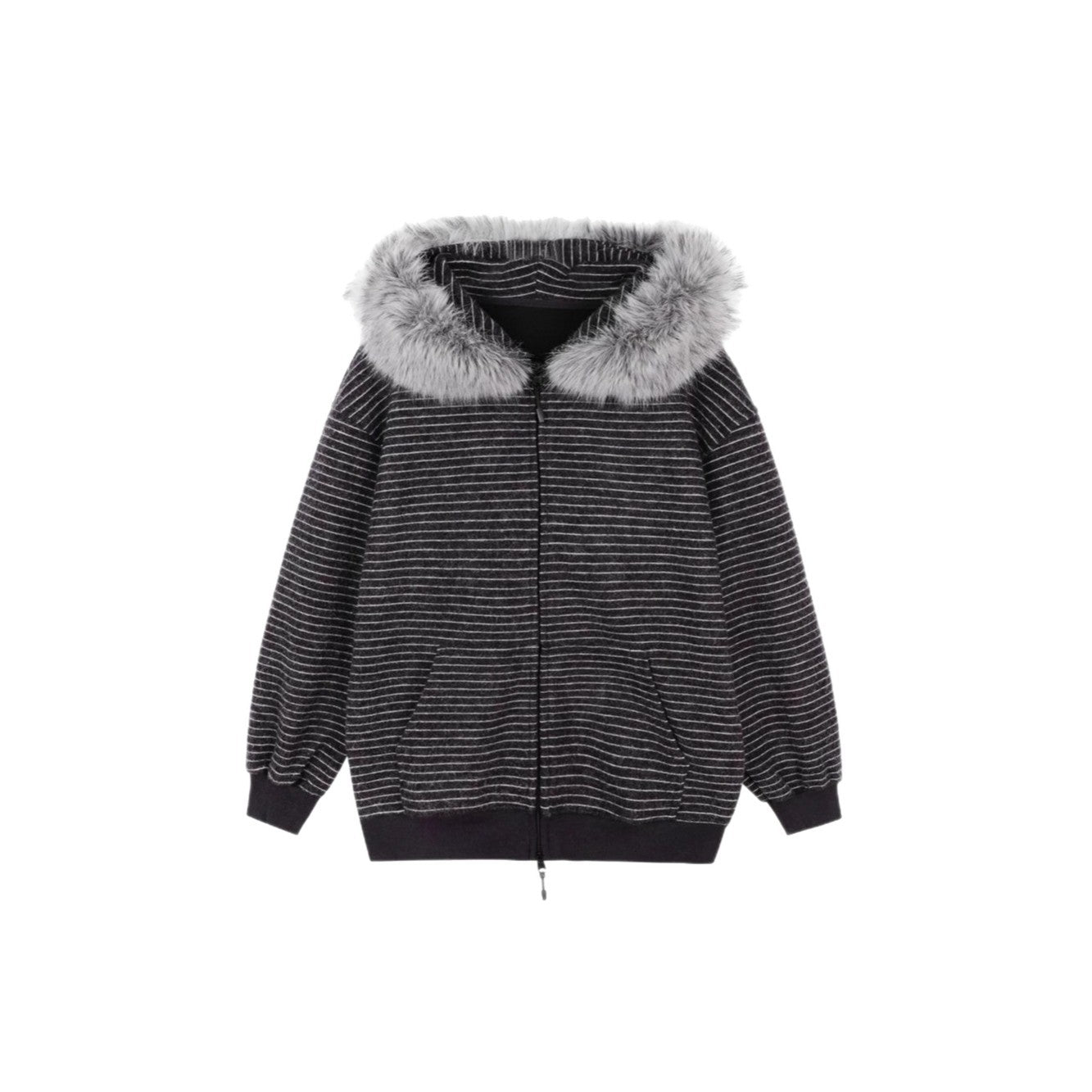 Retro Striped Hooded Fur-Collar Coat for Men and Women,  Casual Loose Hoodie Cardigan