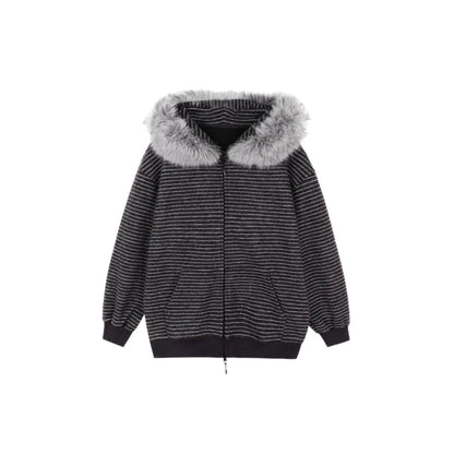 Retro Striped Hooded Fur-Collar Coat for Men and Women,  Casual Loose Hoodie Cardigan