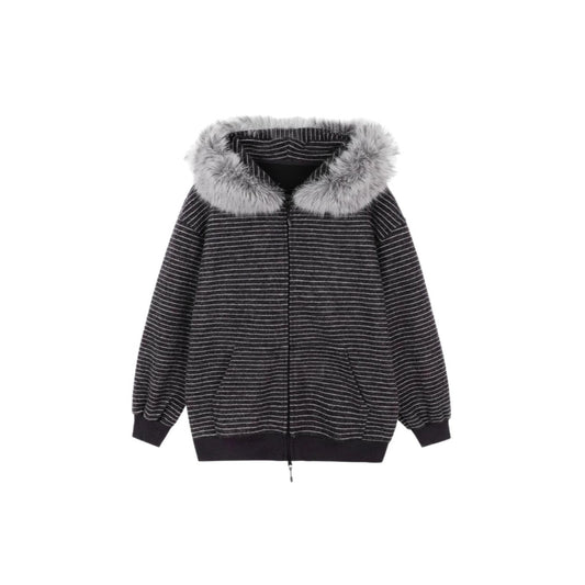 Retro Striped Hooded Fur-Collar Coat for Men and Women,  Casual Loose Hoodie Cardigan