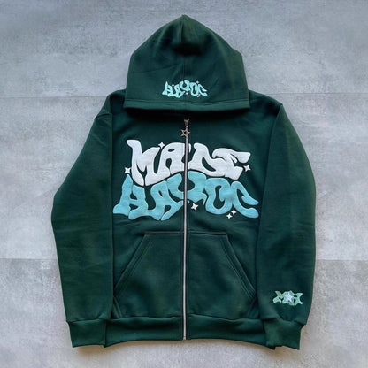 Sudadera con capucha y cremallera con estampado digital, estilo streetwear, Y2K, gótico, punk, hip-hop