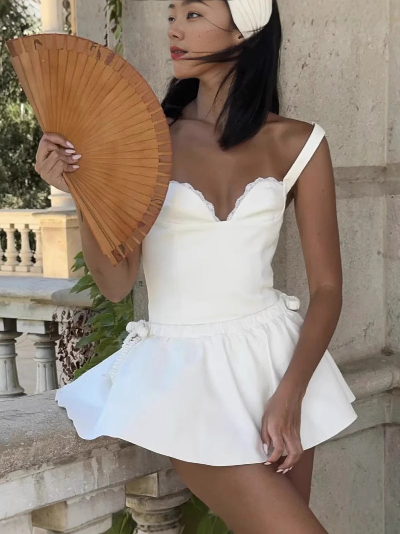 V-neck lace short camisole vest+elastic waist anti glare mini skirt two-piece set