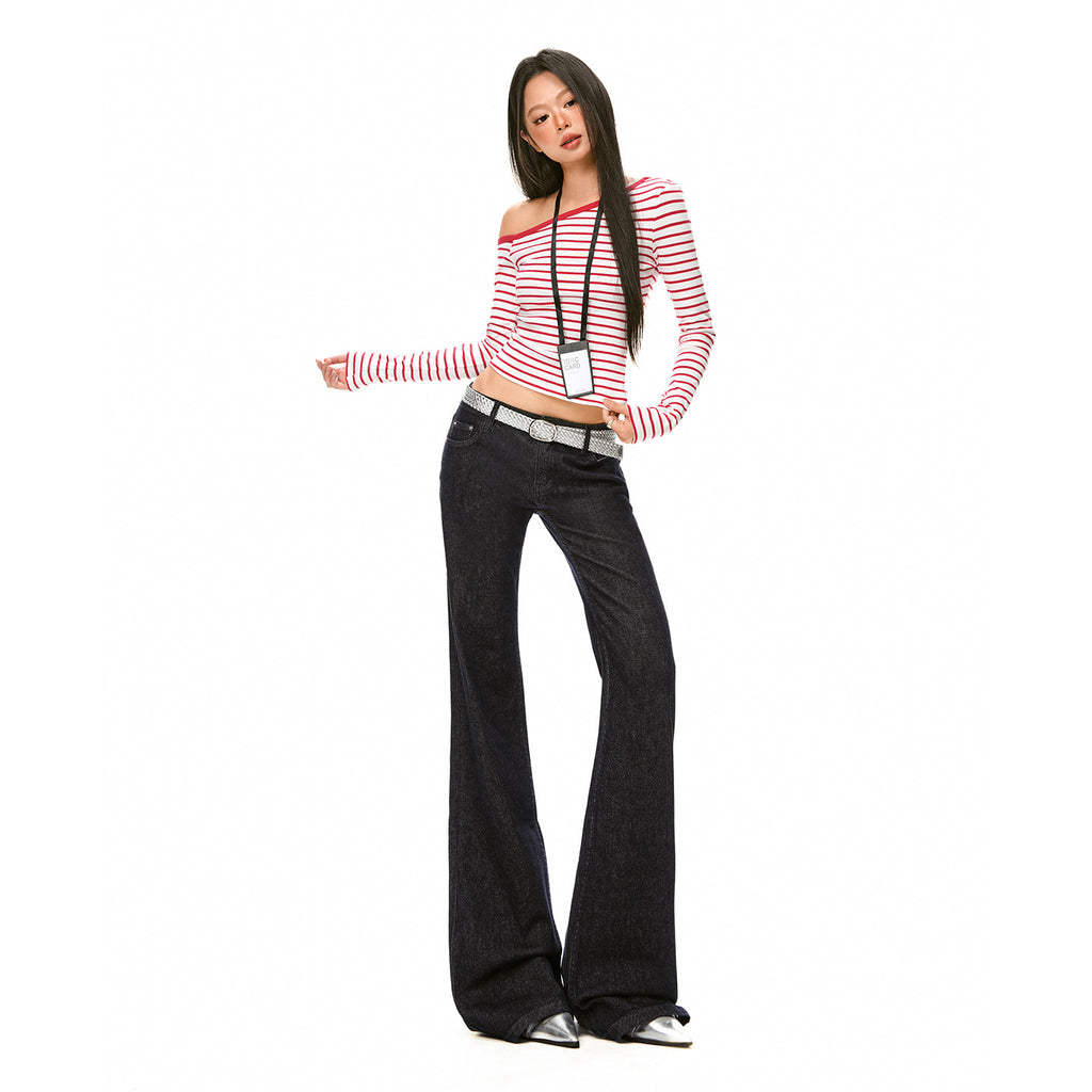 Deep Blue Flared Jeans Low Waist Horsehoe Pants