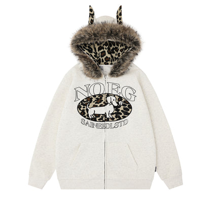 Print Letter Embroidery Faux Fur Hooded Zip-Up Hoodie Sweatshirt