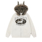 Print Letter Embroidery Faux Fur Hooded Zip-Up Hoodie Sweatshirt
