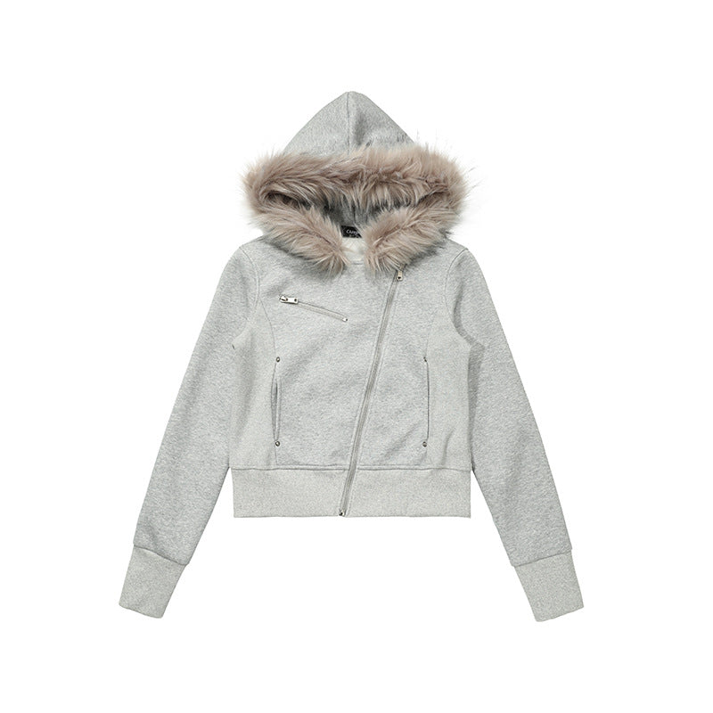 Hoodie with Zipper and Faux Fur Collar