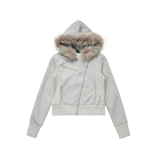 Hoodie with Zipper and Faux Fur Collar