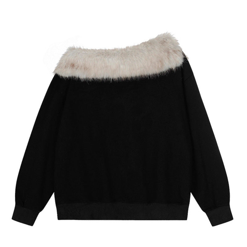 Digital Print Faux Fur Collar Shoulder Hoodie Casual Loose Oversized Short