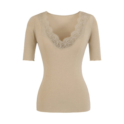 V-neck lace T-shirt