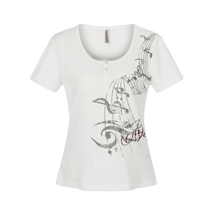 Print Henley Neck Short Sleeve T-Shirt Texture Casual Breathable Comfortable Top