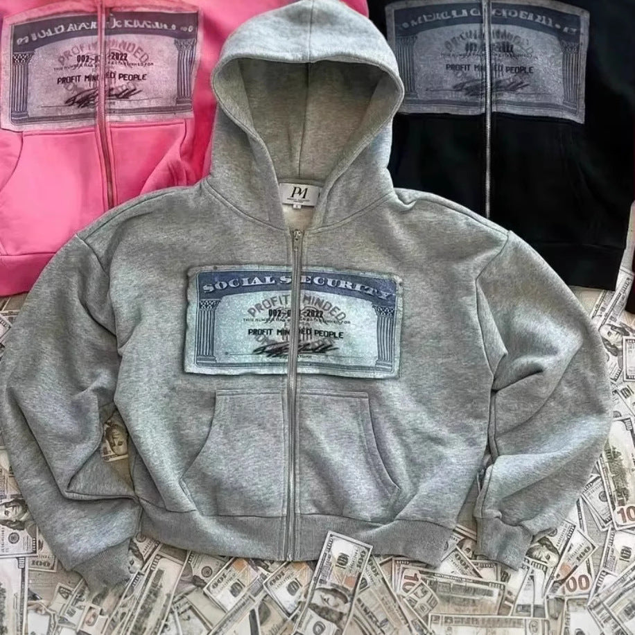 Sudadera con capucha estilo streetwear con estampado de dinero, suelta y con cremallera