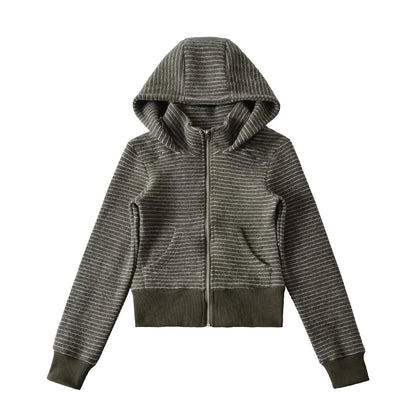 Retro Stripe Hooded Zip-Up Jacket for Women, Fuzzy Pocket, Stretchy Slim Fit Cardigan Top