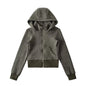Retro Stripe Hooded Zip-Up Jacket for Women, Fuzzy Pocket, Stretchy Slim Fit Cardigan Top