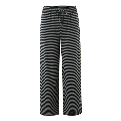 Striped straight tube elastic drawstring low waist knitted wide leg pants casual pants