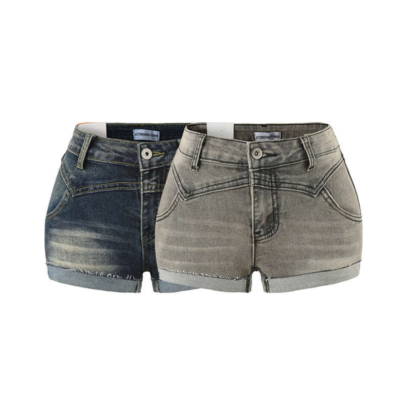 Double-Layer Cuffed Vintage Distressed Denim Shorts A-Line Low Waist Pants