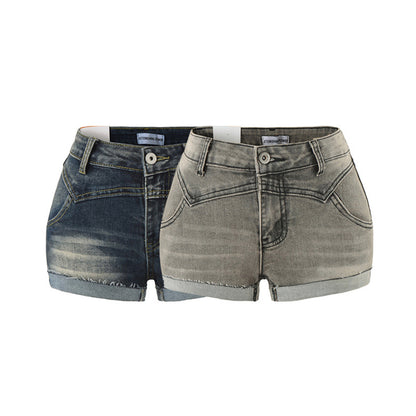 Shorts de mezclilla vintage desgastados de doble capa con bajo y tiro bajo en línea A