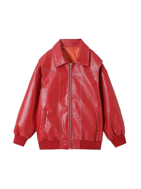 Faux Leather Bomber Jackets For Women Zipper Oversize Jacket Woman Long Sleeve Autumn New Outerwear Streetwear Winter Coat