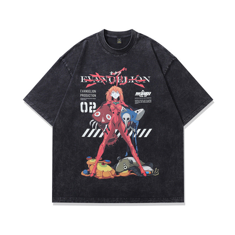 Anime Print Vintage Oversized Washed Cotton Short Sleeve T-Shirt Unisex