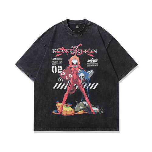 Anime Print Vintage Oversized Washed Cotton Short Sleeve T-Shirt Unisex