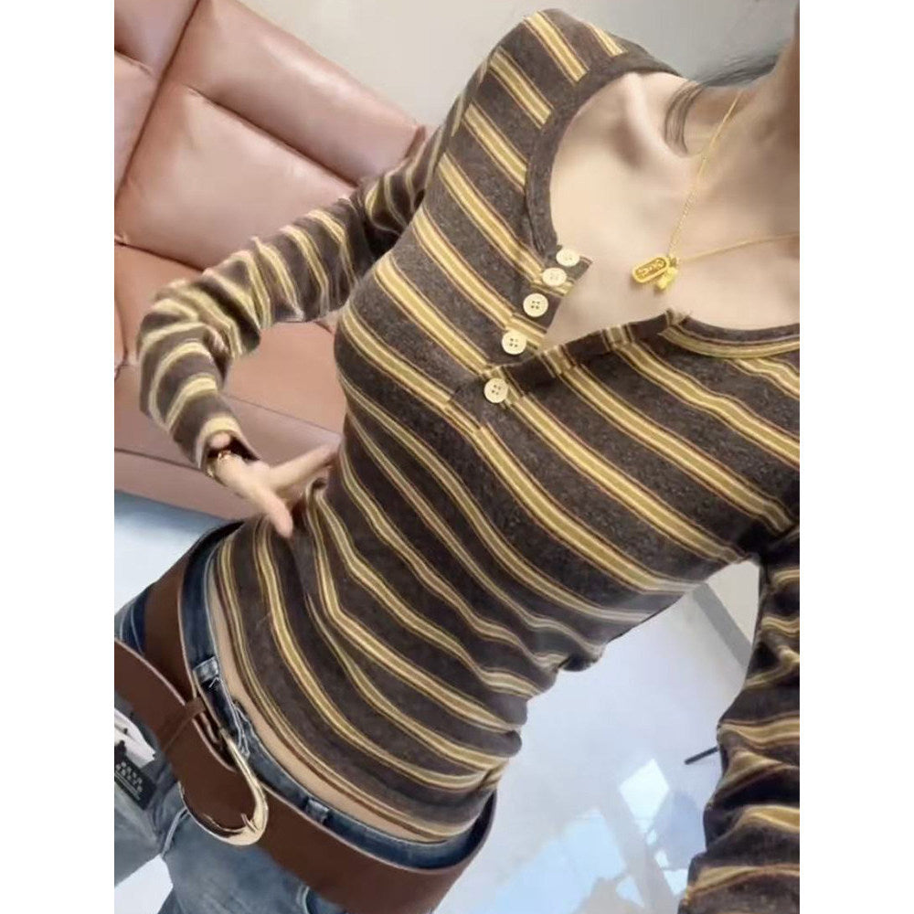 Cashmere Ribbed Henley Neck Buttoned Long Sleeve T-Shirt