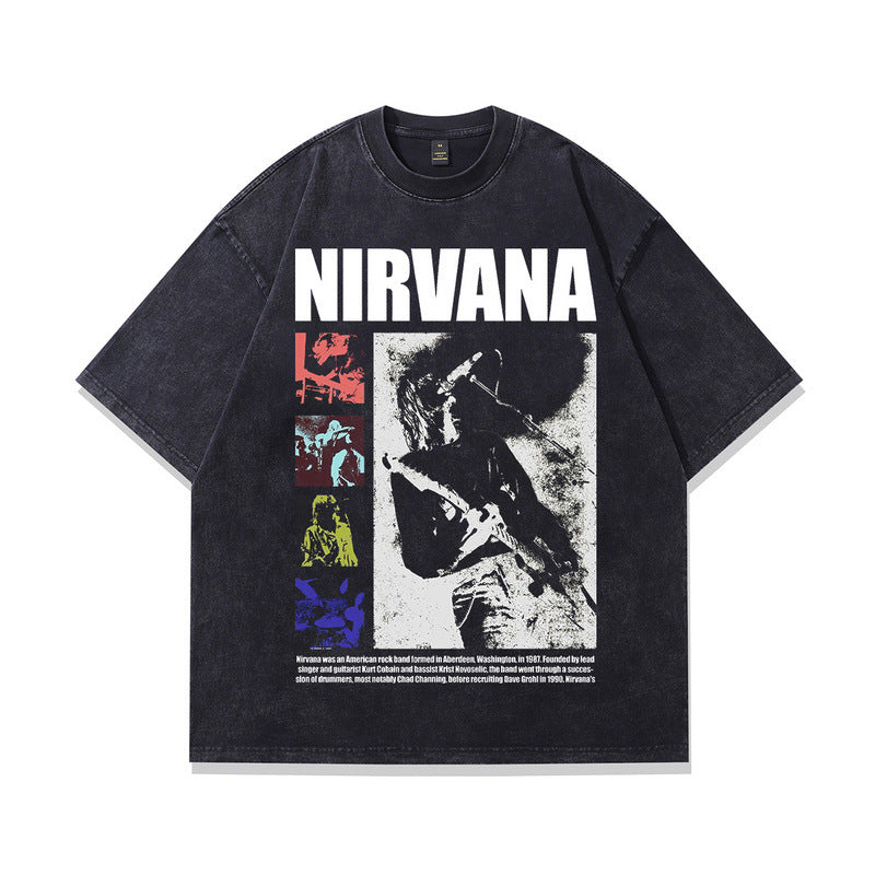 High Street Vintage Washed Retro Band Print Oversized Short Sleeve T-Shirt for Men and Women