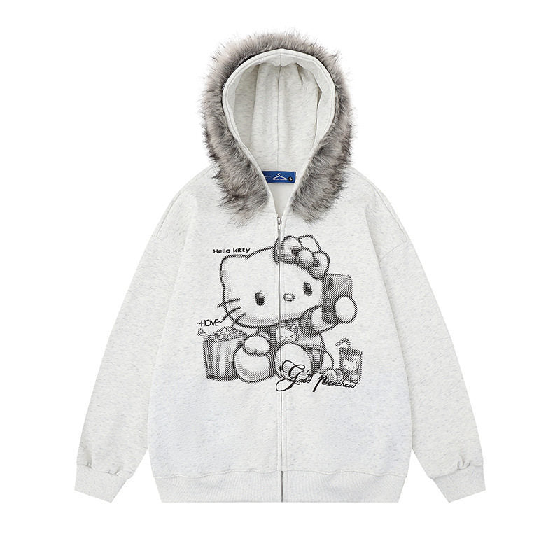 Faux Fur Hooded Sweatshirt Coat  Loose Fit Thickened Hoodie