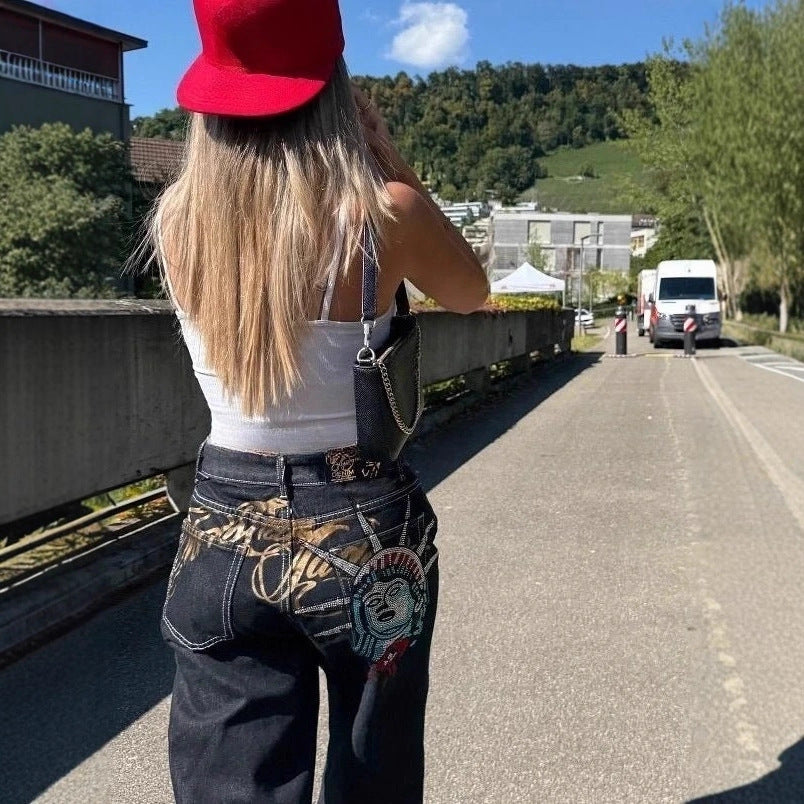 Streetwear Retro Y2K Statue of Liberty Rhinestone Denim Pants Women High Waist Straight Leg Casual Denim Trousers