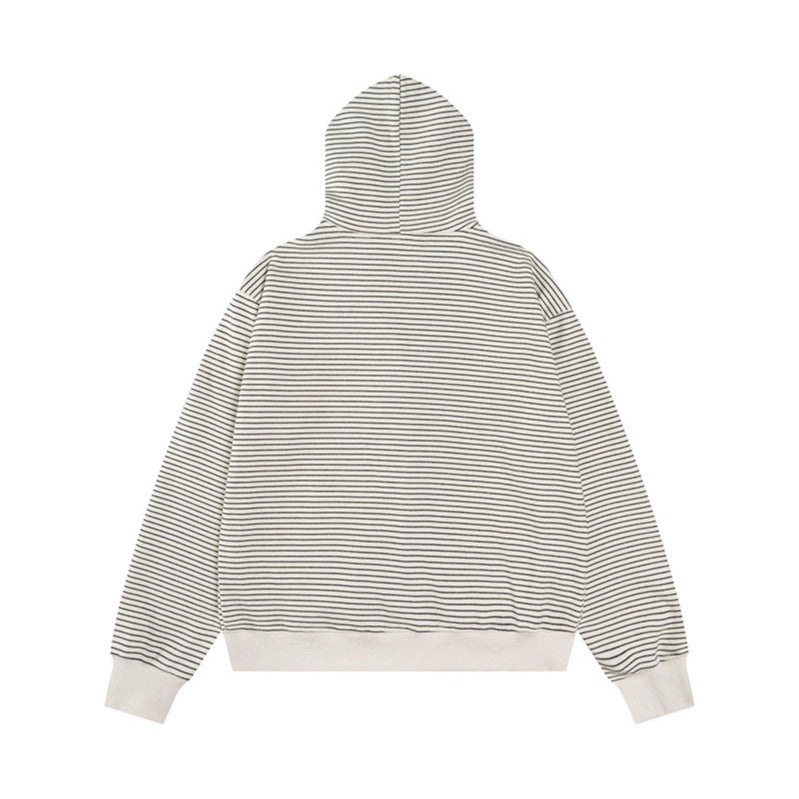 Stripe Detachable Fur Collar Zip-Up Hoodie, Couple Hooded Sweatshirt