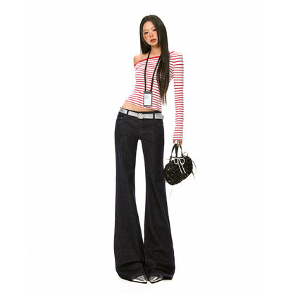 Deep Blue Flared Jeans Low Waist Horsehoe Pants