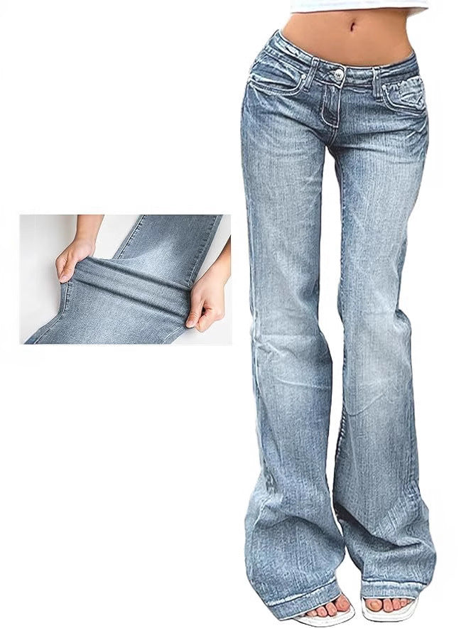 Street Style Low-Waist Flared Jeans, Slim Fit Stretch Denim Pants Long Pants