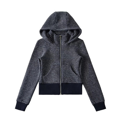 Retro Stripe Hooded Zip-Up Jacket for Women, Fuzzy Pocket, Stretchy Slim Fit Cardigan Top