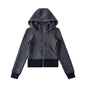 Retro Stripe Hooded Zip-Up Jacket for Women, Fuzzy Pocket, Stretchy Slim Fit Cardigan Top
