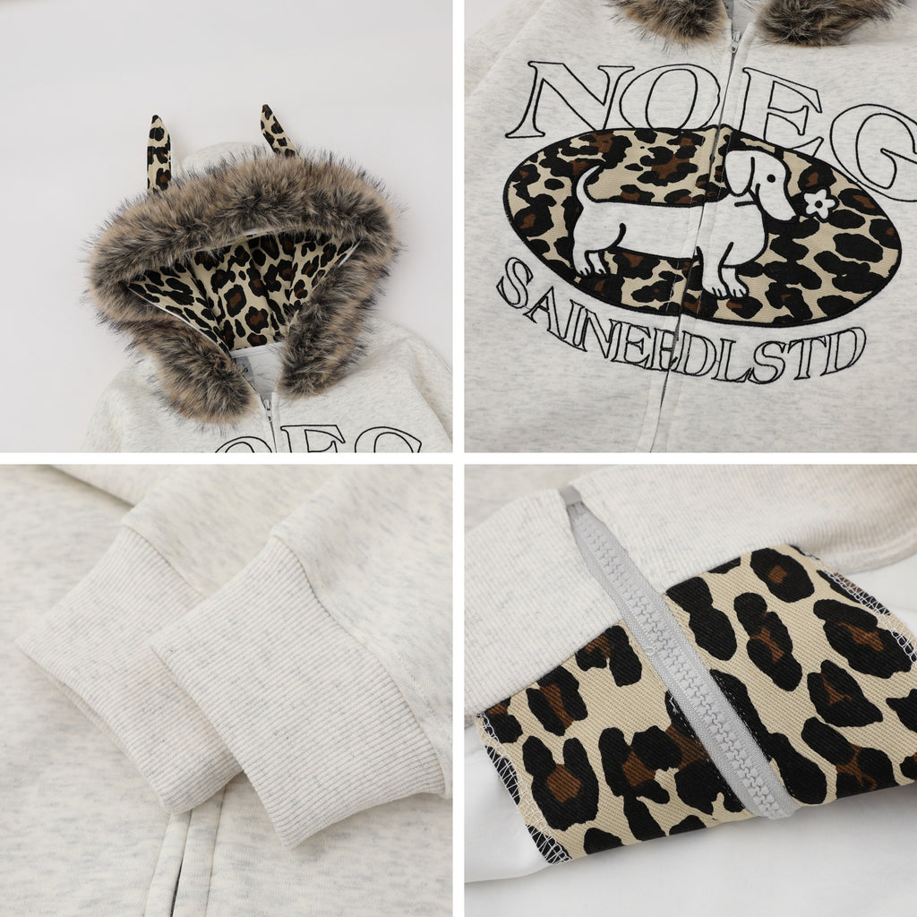 Print Letter Embroidery Faux Fur Hooded Zip-Up Hoodie Sweatshirt
