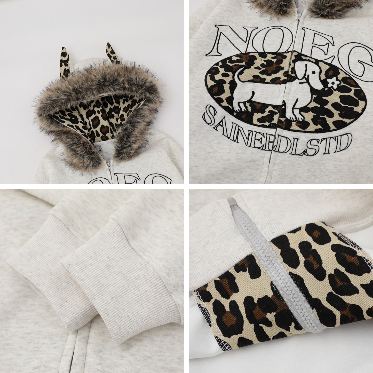 Print Letter Embroidery Faux Fur Hooded Zip-Up Hoodie Sweatshirt