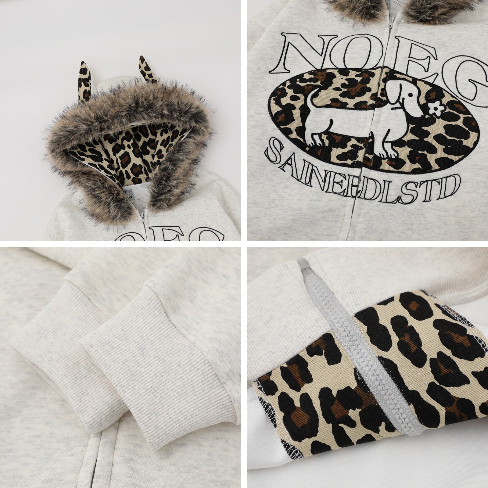 Print Letter Embroidery Faux Fur Hooded Zip-Up Hoodie Sweatshirt