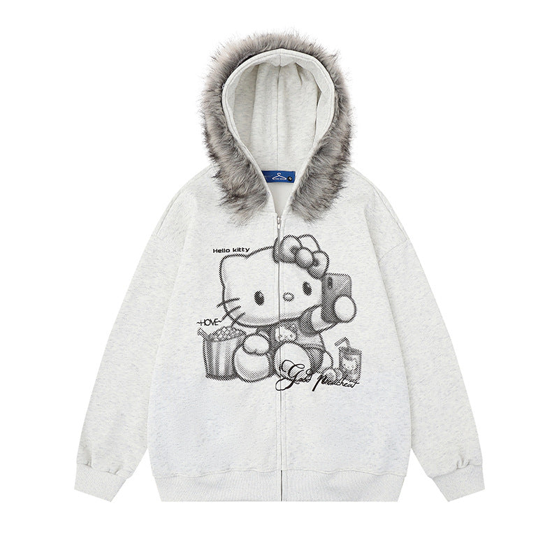 Faux Fur Hooded Sweatshirt Coat  Loose Fit Thickened Hoodie