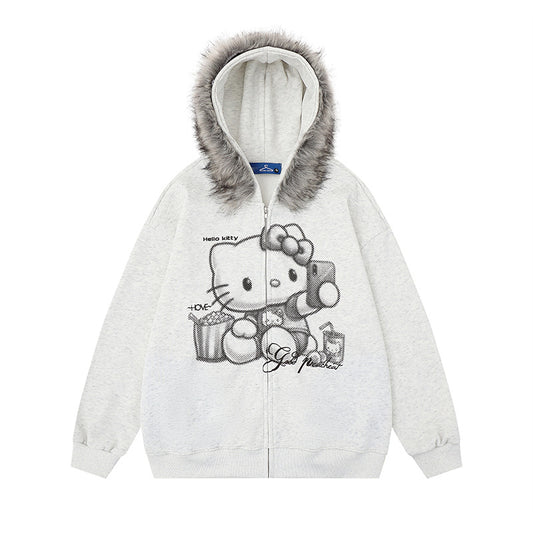 Faux Fur Hooded Sweatshirt Coat  Loose Fit Thickened Hoodie