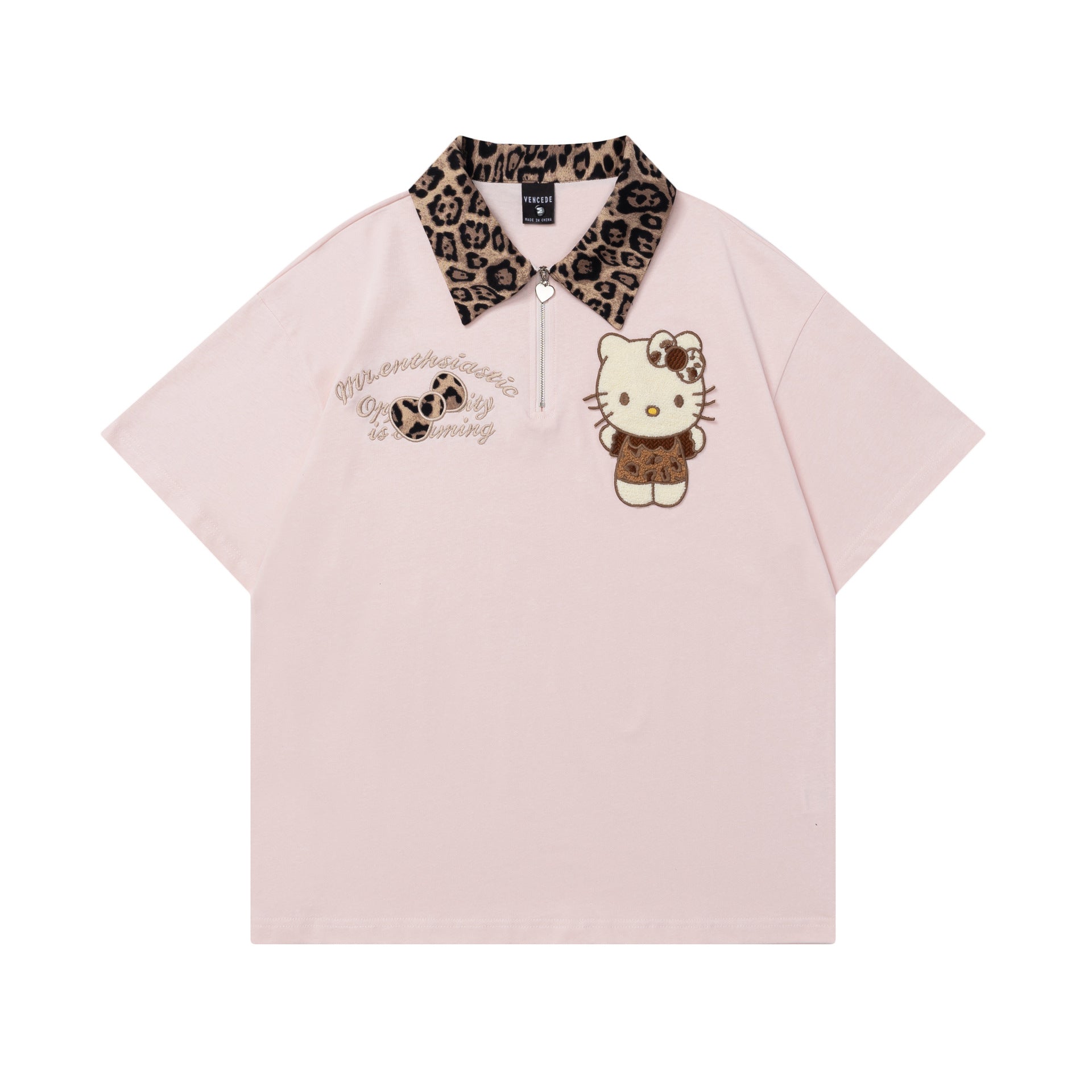 Hello Kitty Embroidered Color blocked Polo Neck T-shirt