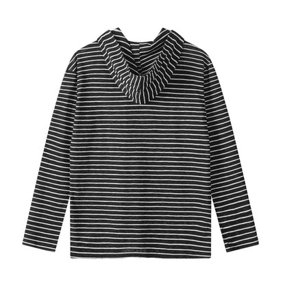 Stripe Hooded Henley Neck Long Sleeve T-Shirt Unisex Loose Casual Versatile Layering Top