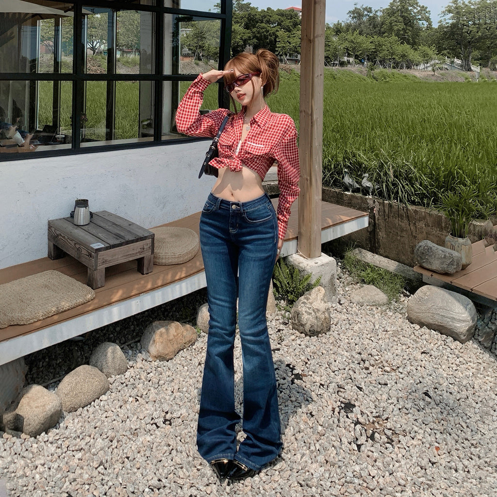 Retro Low Waist Flared Jeans Women Slim Fit Horsehoof Pants