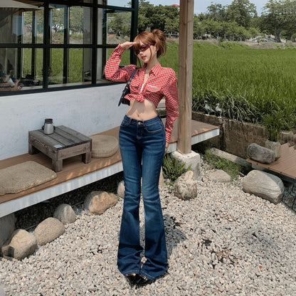 Retro Low Waist Flared Jeans Women Slim Fit Horsehoof Pants