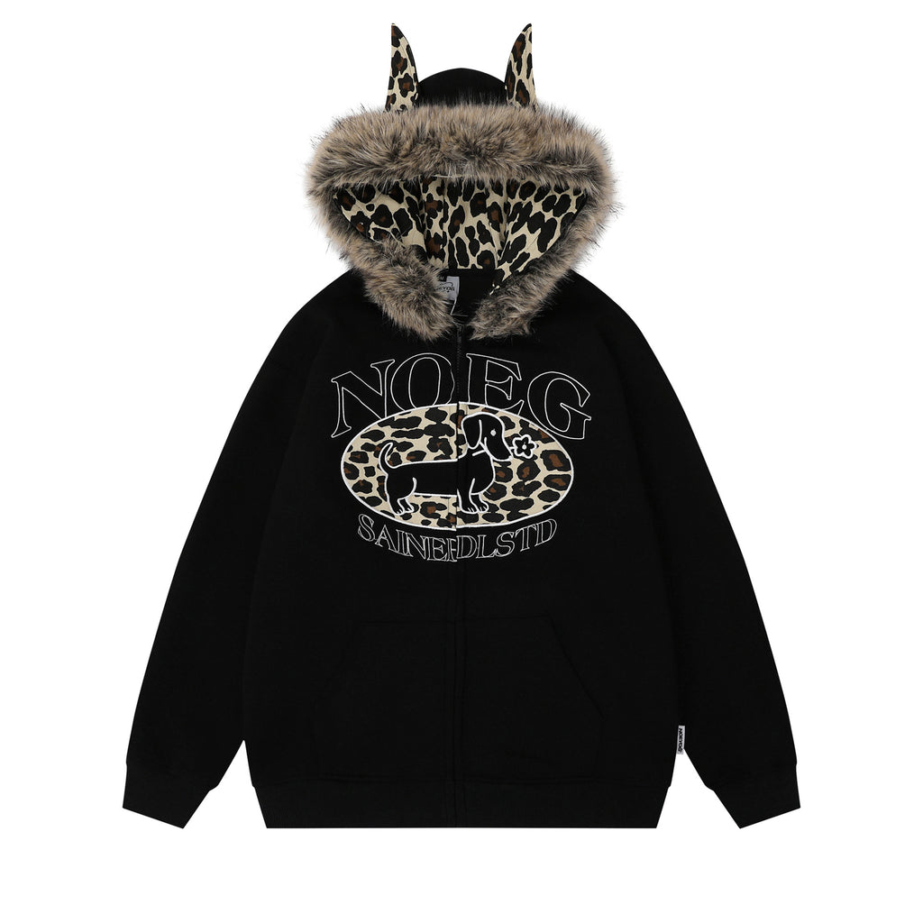Print Letter Embroidery Faux Fur Hooded Zip-Up Hoodie Sweatshirt