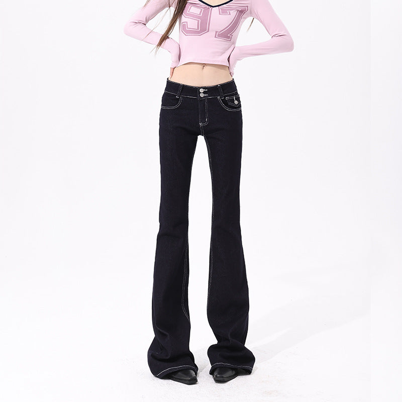 Style Deep Blue Flared Jeans Women Low Waist Slim Fit Stretchy Flared Pants