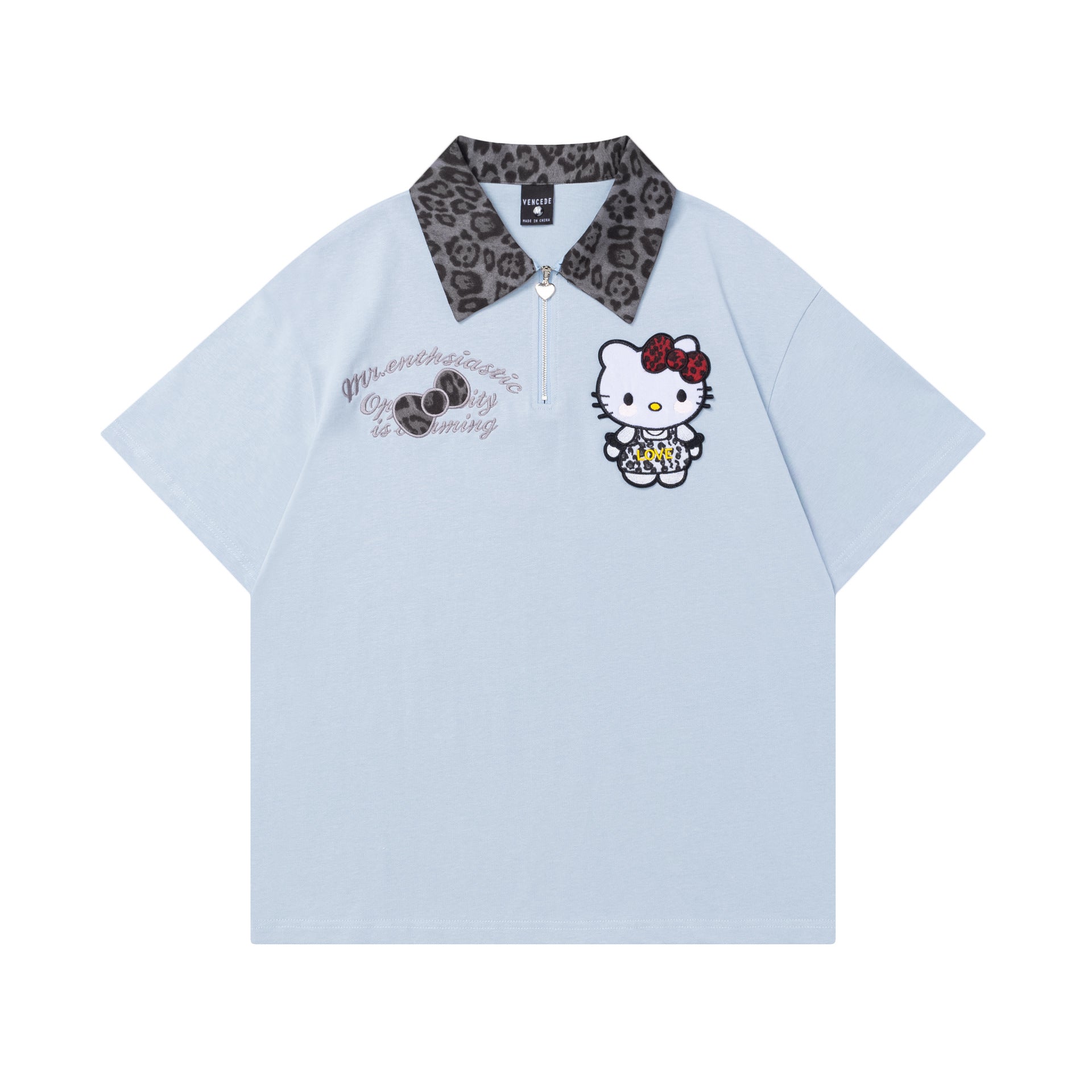 Hello Kitty Embroidered Color blocked Polo Neck T-shirt